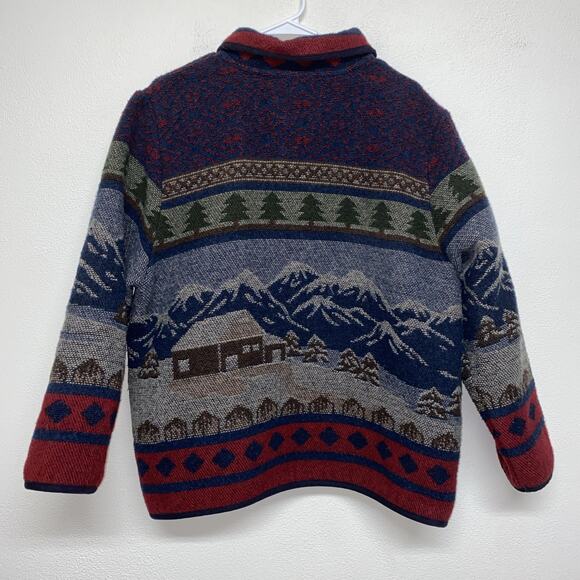 Vintage Cottagecore Jacket Unisex XL Blue Winter Mountains Cabin Wool Cardigan - Picture 6 of 9